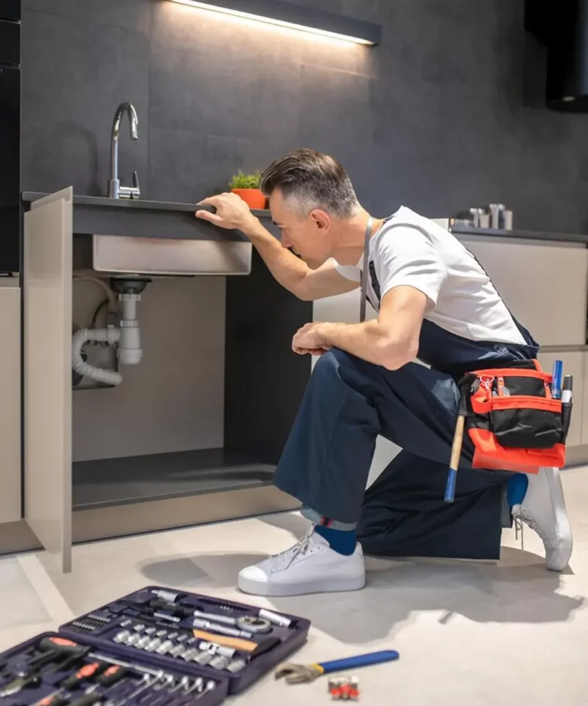 A local plumber kneeling in a modern kitchen in Jersey, inspecting the pipes under a sink.