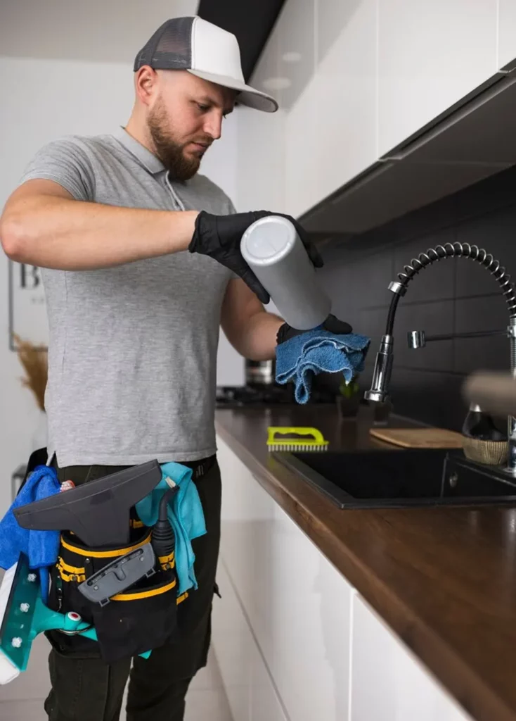 A professional drainage tradesman applies drain cleaning solution to a kitchen sink in Jersey.