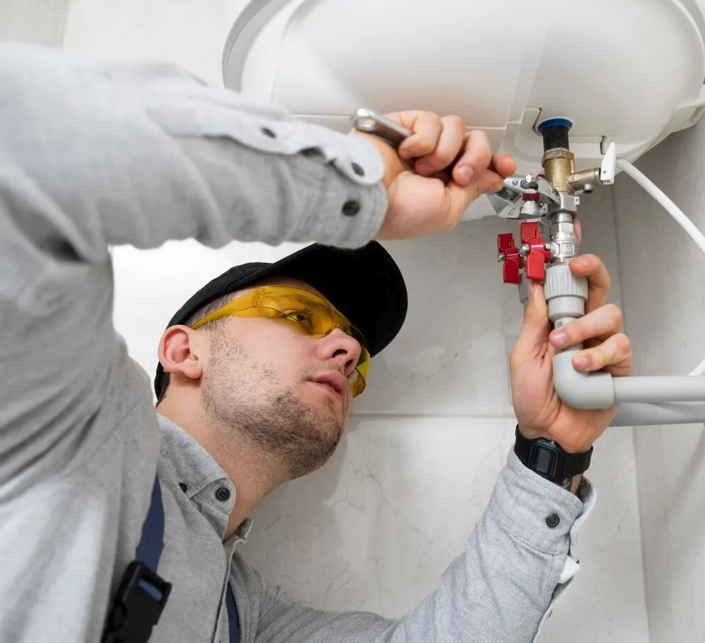 A local Jersey plumber repairing a water heater connection with a wrench.