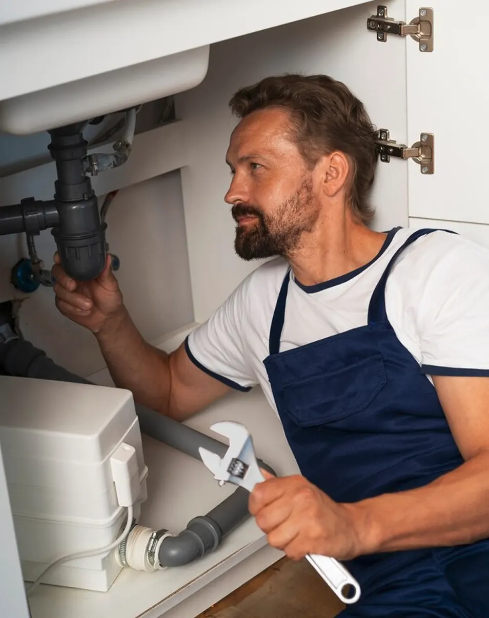 A professional plumber inspecting and repairing sink pipes with a wrench in Jersey.