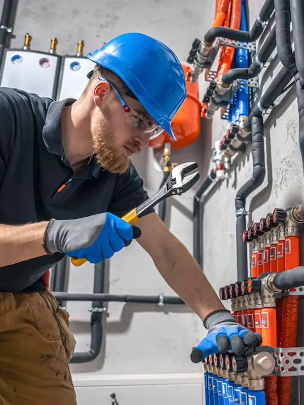 A commercial heating engineer doing a central heating upgrade in a business in Jersey.