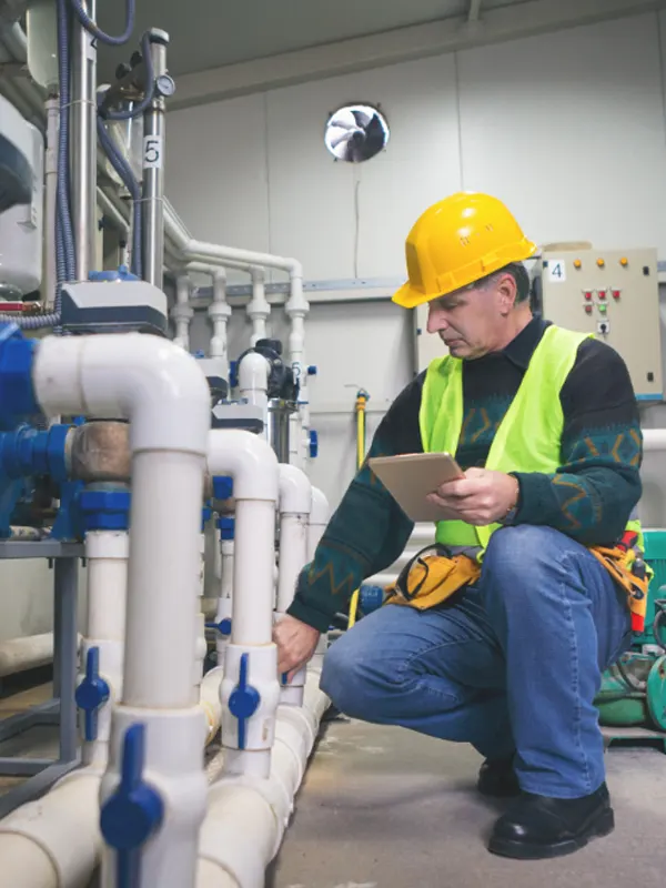 A plumbing tradesman doing a commercial plumbing repair service in a Jersey building.