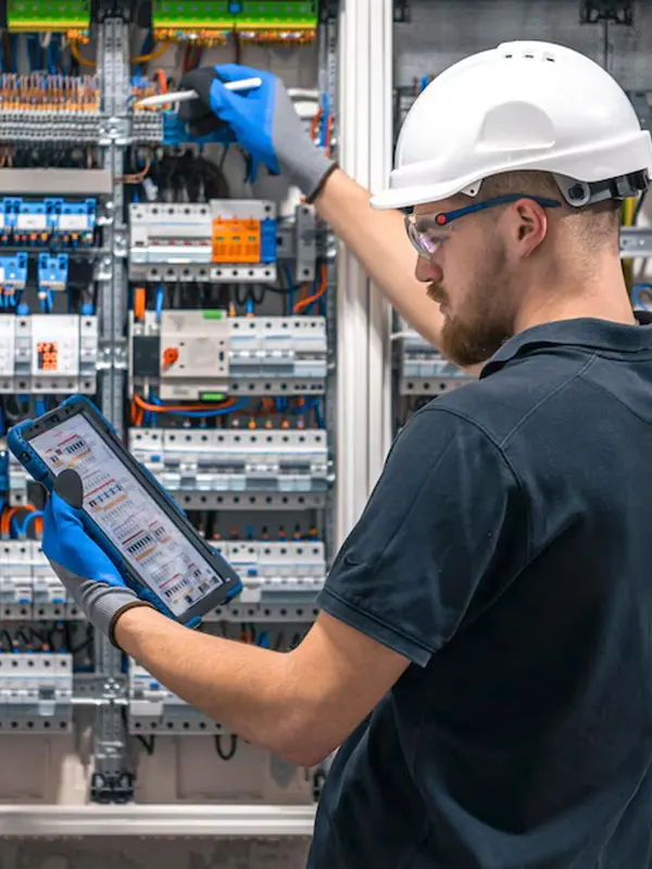 AN EXPERT COMMERCIAL ELECTRICIAN DOING A REPAIR IN A JERSEY COMMERCIAL ESTABLISHMENT.