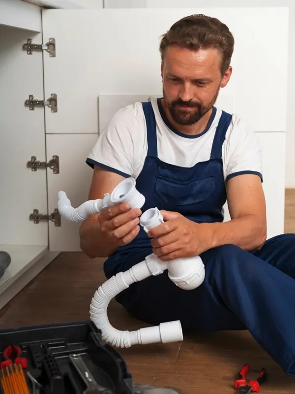 A Jersey drainage professional inspecting a new drainage pipe for installation under the sink in Jersey.