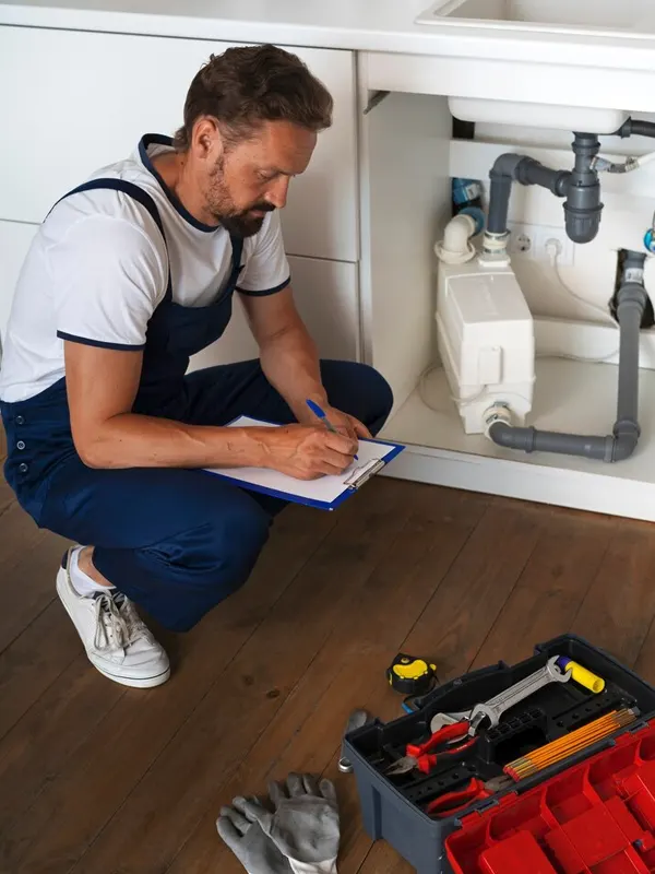 A drainage tradesman in Jersey taking notes after inspecting the drainage system under the sink.