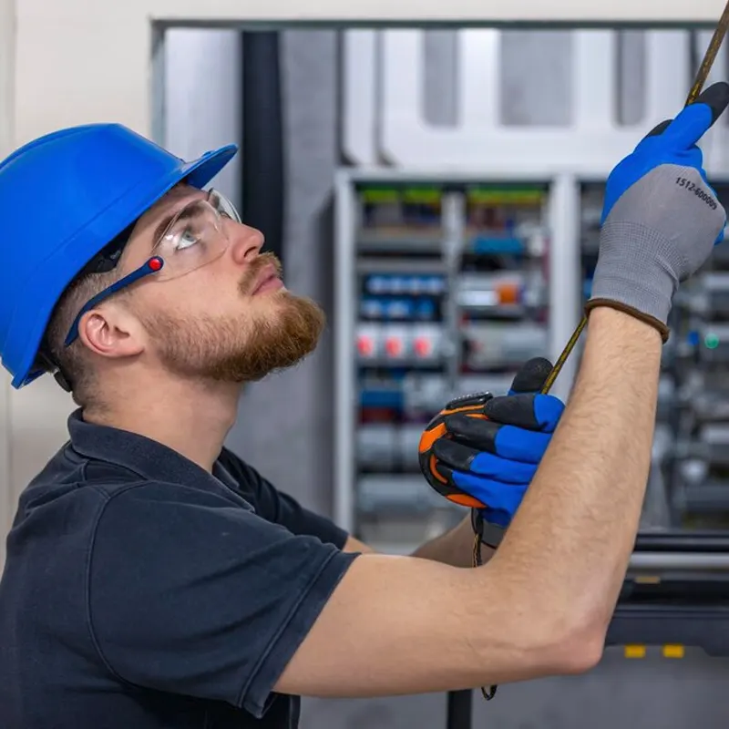 An electrician in Jersey using a measuring tape to take precise measurements while inspecting an electrical installation.