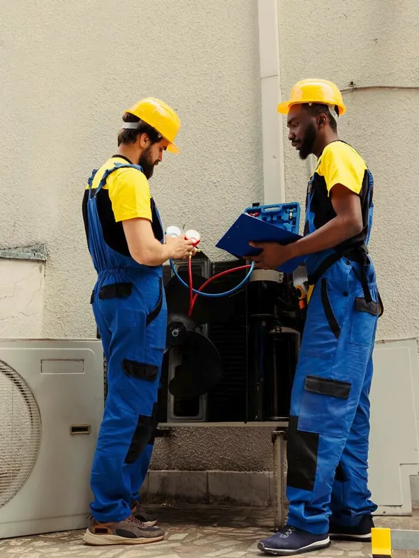 Local electricians doing electrical repair work on an outdoor electrical unit in Jersey.