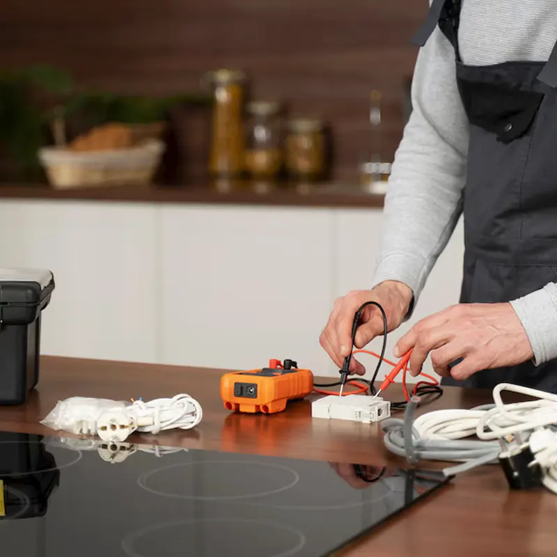 A Jersey electrician testing a socket with a multimeter to ensure proper voltage and safety compliance.