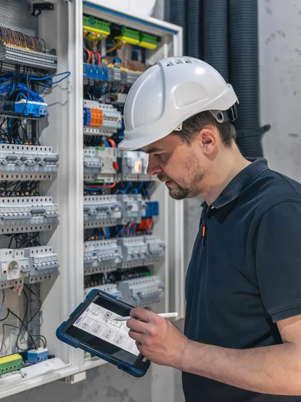 A local electrician inspecting an electrical panel while reviewing an Electrical Installation Condition Report (EICR) on a tablet in Jersey,