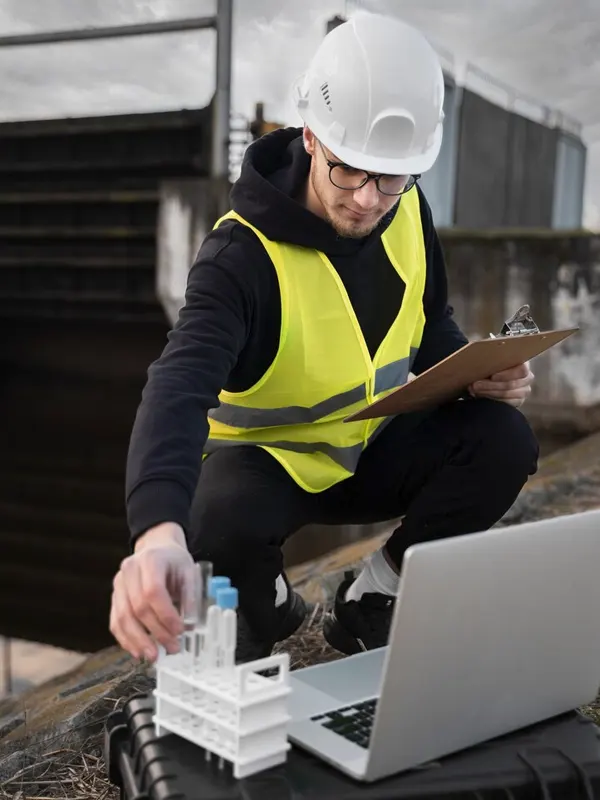 An electrician in Jersey using test tubes, a laptop, and a clipboard.