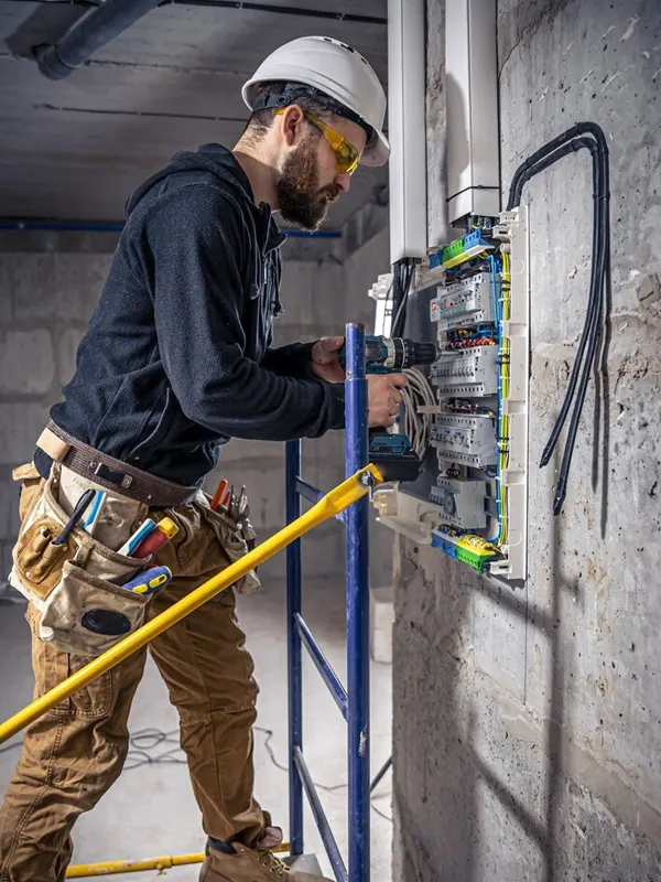 An emergency electrician in protective gear diagnosing and repairing urgent electrical faults in Jersey.