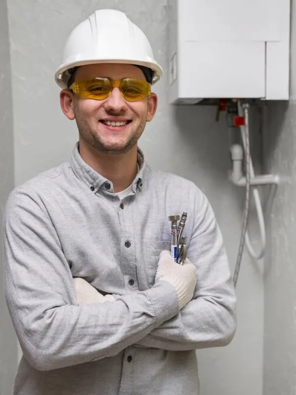 A certified heating engineer standing next to a boiler after completing a professional heating system service in Jersey.