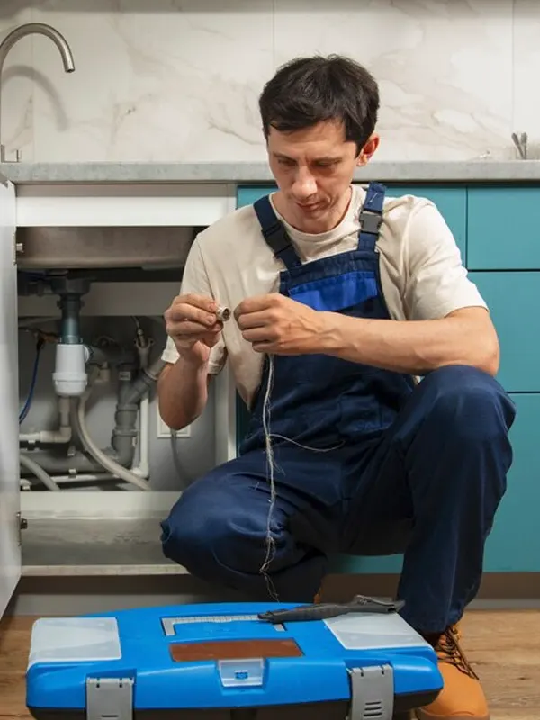 A Jersey plumber inspecting a pipe fitting with sealing tape to prevent leaks.
