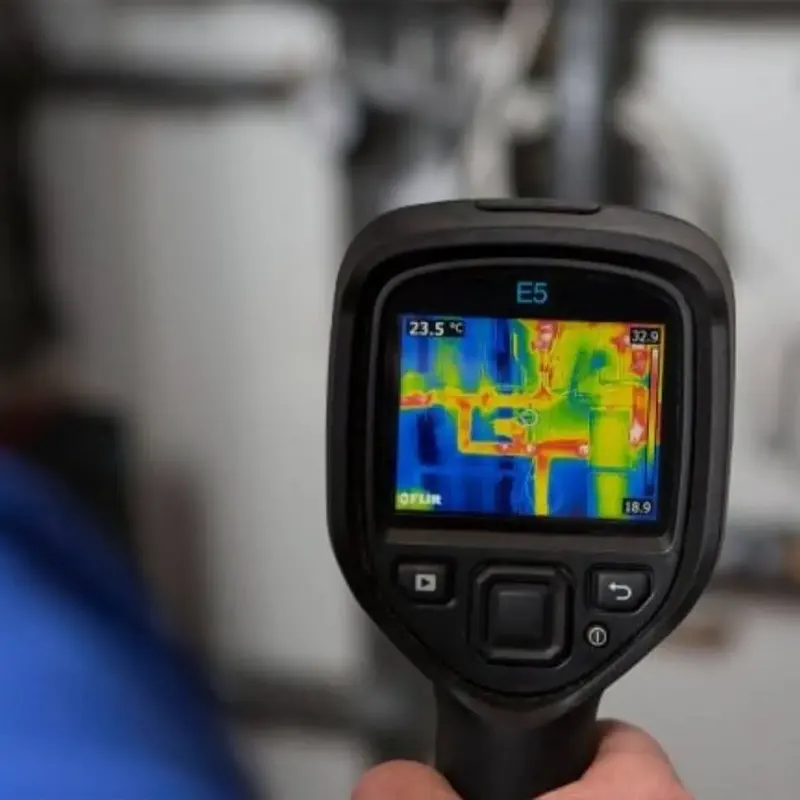 A professional plumber using a thermal imaging camera to detect hidden leaks and moisture buildup in Jersey.