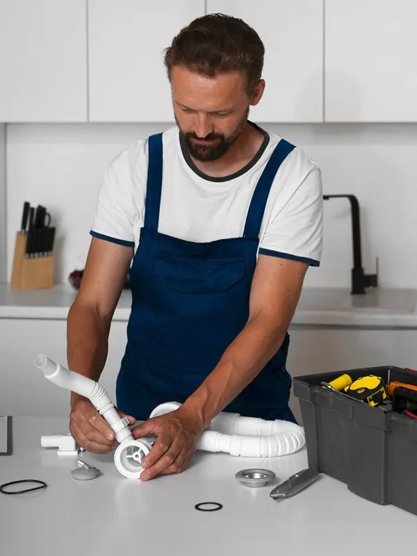 A professional plumbing installation specialist in Jersey assembling a new sink drainage system.