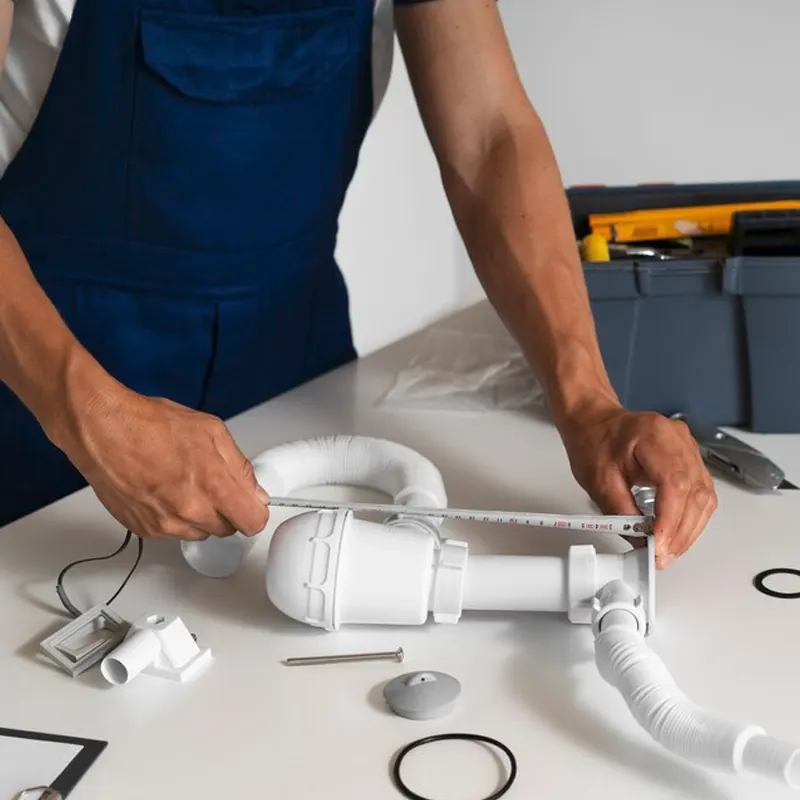 A local plumber in Jersey measuring and assembling a sink drainage system for precise plumbing installation.