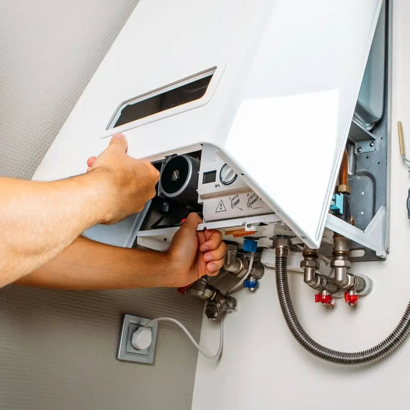 A heating engineer servicing a gas boiler in Jersey, inspecting internal components for maintenance and repair.