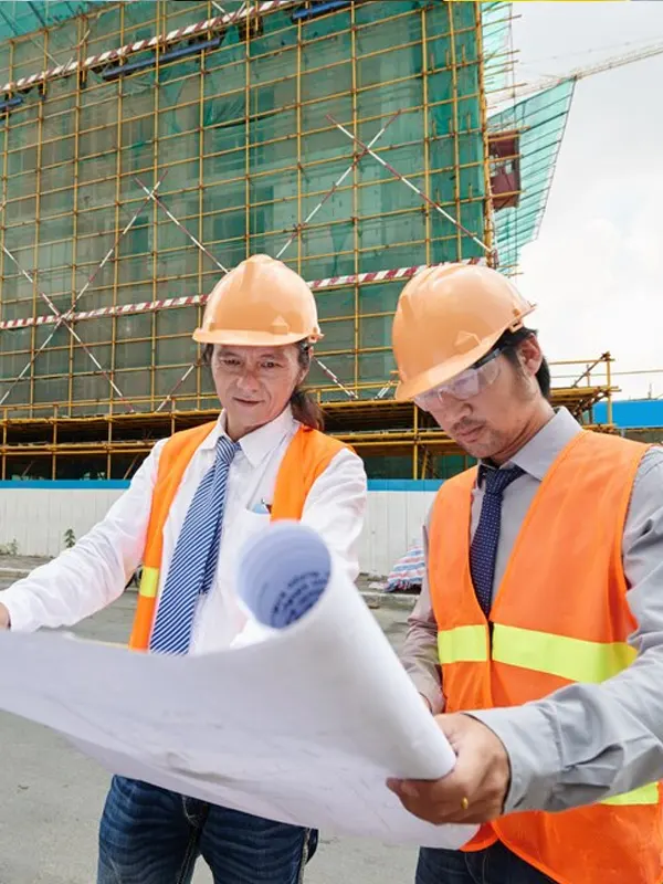 Two builders in Jersey holding a building plan for a business.