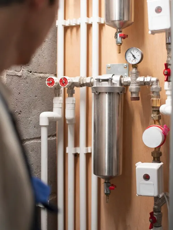 A heating professional inspecting a central heating system with pipes, valves, and a pressure gauge in Jersey.