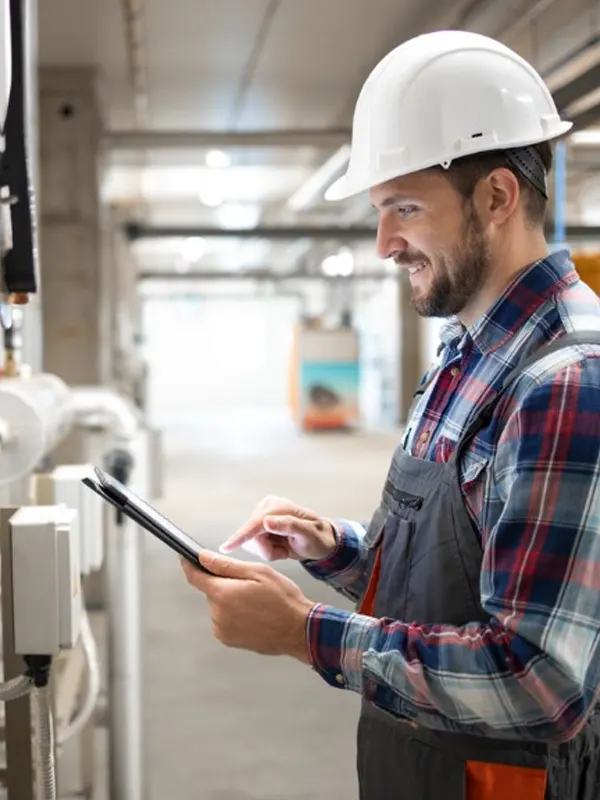 A heating engineer conducting a central heating survey in Jersey,